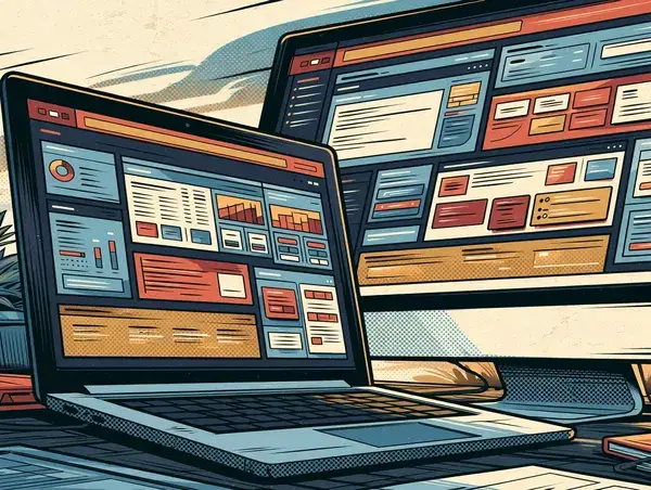 Aplikacje webowe SaaS - dashboardy na laptopie i monitorze (ilustracja komiksowa)